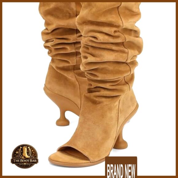 Kitten Heel Knee High Boots Open Peep Toe Wide Calf Slouchy Fashion Boots - Picture 6 of 6